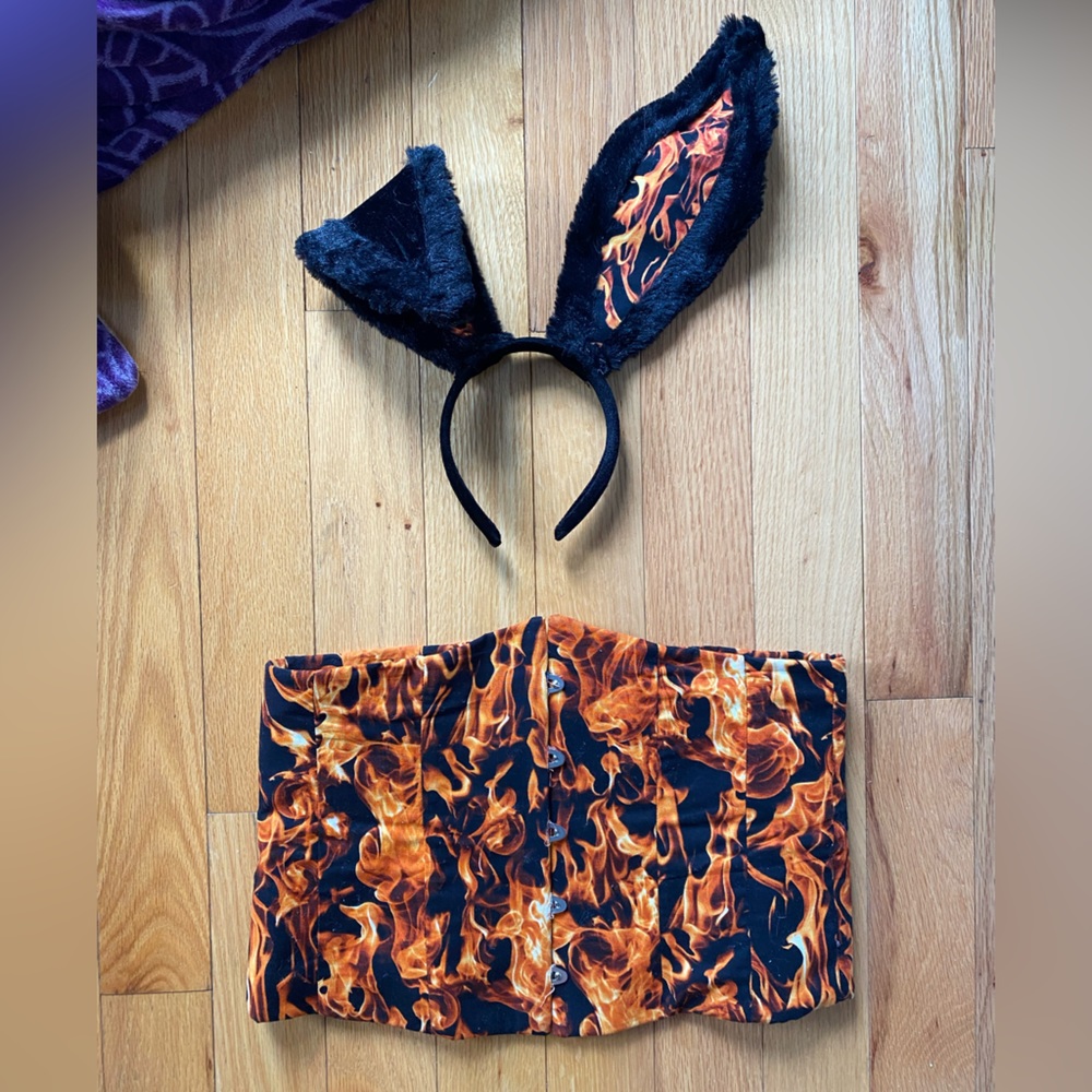 Custom “Playboy” Fire Flame Corset with Matching Black Flame Bunny Ears, Costume